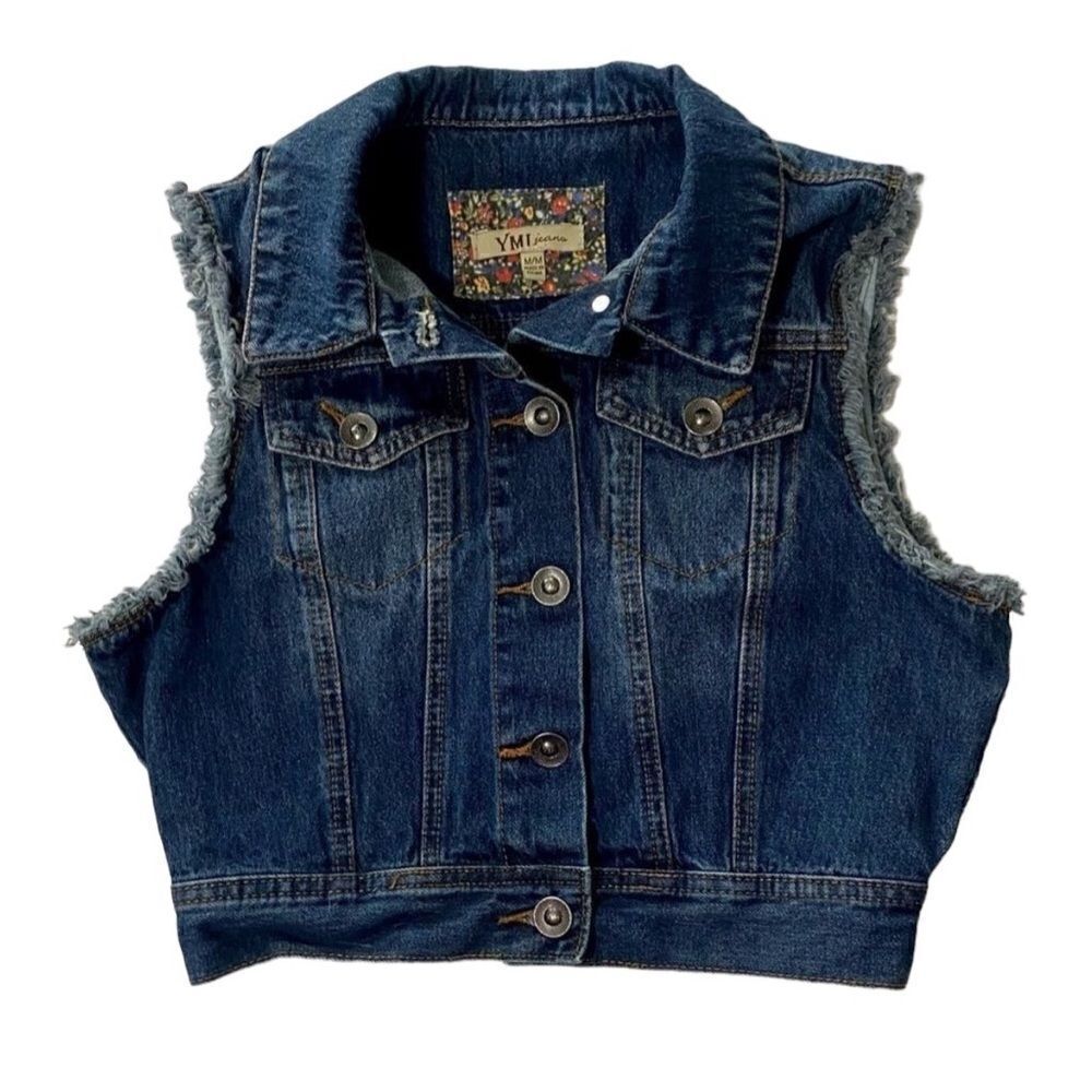 YMI Denim Jean Vest Juniors Medium Button Front Sleeveless Fringe Deep Pockets